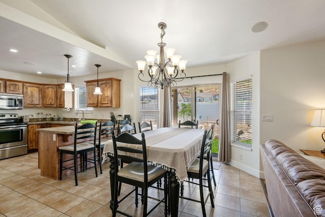 3638 S Blazing Oak Dr, Magna, UT 84044 - dining room featuring a chandelier, plenty of natural light, light tile patterned floors, recessed lighting, and baseboards