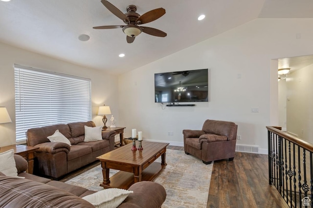 3638 S Blazing Oak Dr, Magna, UT 84044 - living area with lofted ceiling, a ceiling fan, wood finished floors, recessed lighting, and baseboards