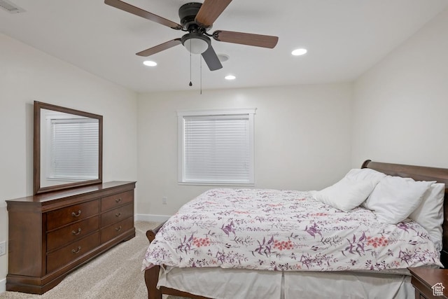 3638 S Blazing Oak Dr, Magna, UT 84044 - bedroom with light carpet, baseboards, recessed lighting, and ceiling fan