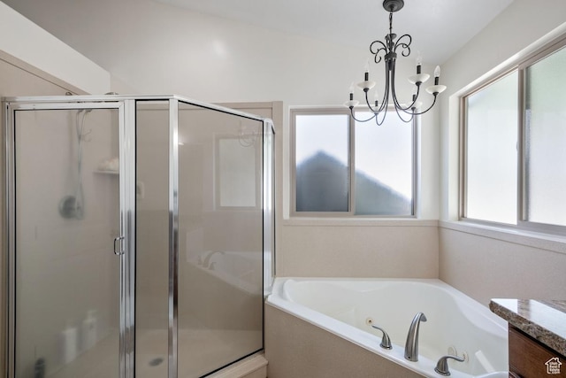3638 S Blazing Oak Dr, Magna, UT 84044 - full bathroom featuring a shower stall, a jetted tub, and a chandelier