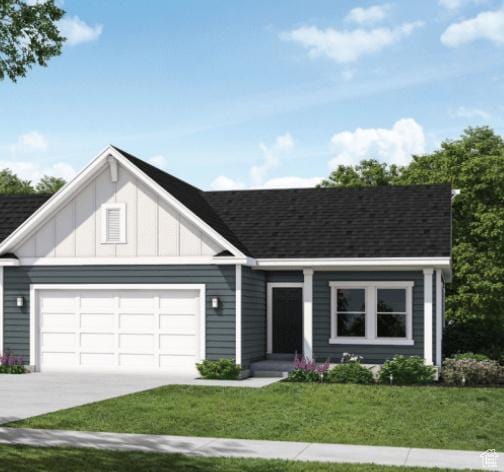 4625 N Fallow Way Unit 513, Eagle Mountain, UT 84005 - view of front of home with an attached garage, board and batten siding, concrete driveway, a front yard, and a shingled roof