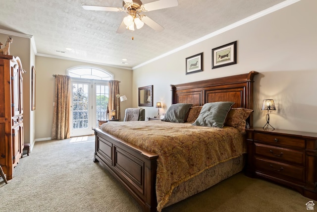 6512 S Timpanogos Way W, Taylorsville, UT 84129 - bedroom featuring access to exterior, carpet, a textured ceiling, ceiling fan, and ornamental molding