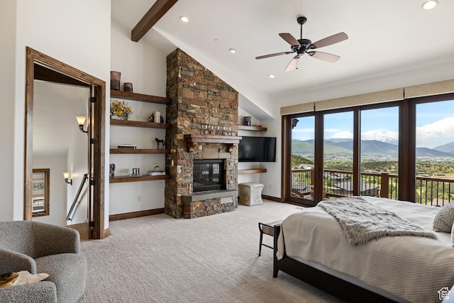 2314 E Flattop Mountain Dr Unit 89, Heber City, UT 84032 - carpeted bedroom featuring access to outside, baseboards, a stone fireplace, recessed lighting, and beamed ceiling