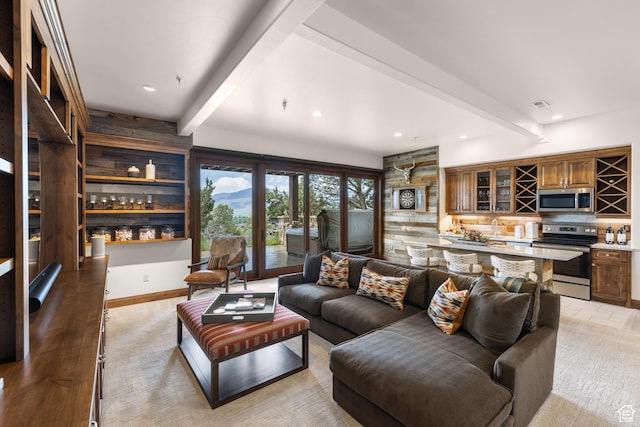 2314 E Flattop Mountain Dr Unit 89, Heber City, UT 84032 - living room featuring beamed ceiling, recessed lighting, and baseboards