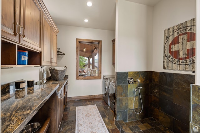 2314 E Flattop Mountain Dr Unit 89, Heber City, UT 84032 - laundry area featuring separate washer and dryer, cabinet space, stone tile floors, baseboards, and recessed lighting