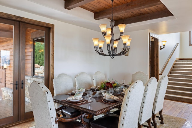 2314 E Flattop Mountain Dr Unit 89, Heber City, UT 84032 - dining space featuring french doors, a chandelier, wood ceiling with exposed beams, wood-type flooring, and stairway