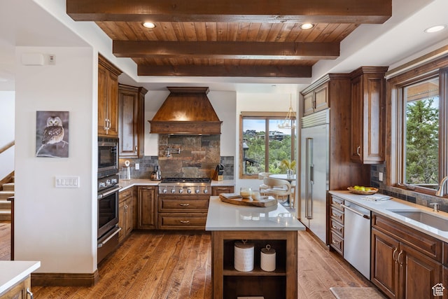 2314 E Flattop Mountain Dr Unit 89, Heber City, UT 84032 - kitchen featuring built in appliances, wood ceiling with exposed beams, premium range hood, light countertops, and wood-type flooring