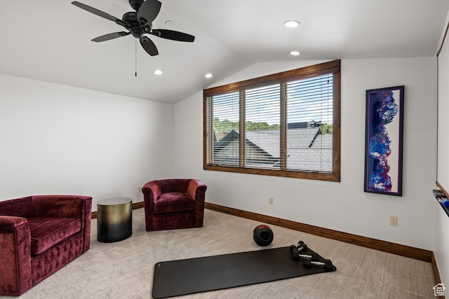 2314 E Flattop Mountain Dr Unit 89, Heber City, UT 84032 - exercise room with recessed lighting, carpet floors, vaulted ceiling, baseboards, and ceiling fan