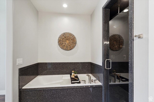 3222 W Harvard Dr, Mountain Green, UT 84050 - bathroom with a bath, a stall shower, and recessed lighting