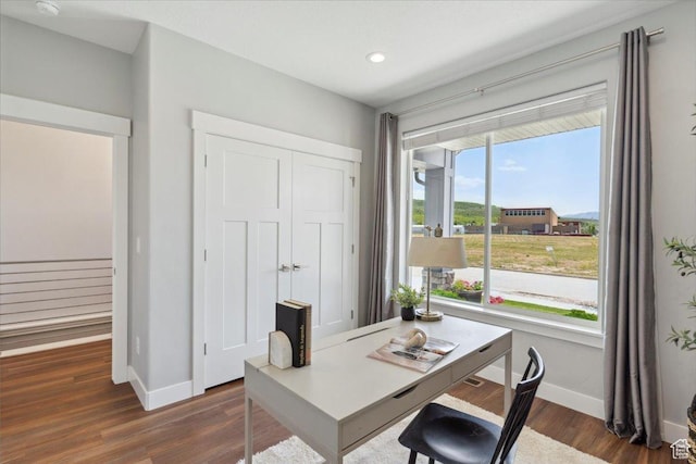 3222 W Harvard Dr, Mountain Green, UT 84050 - office featuring baseboards, dark wood-style floors, and recessed lighting