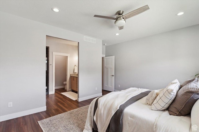 3222 W Harvard Dr, Mountain Green, UT 84050 - bedroom featuring dark wood-type flooring, baseboards, recessed lighting, ceiling fan, and ensuite bath