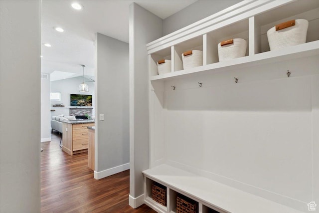 3222 W Harvard Dr, Mountain Green, UT 84050 - mudroom featuring baseboards, dark wood finished floors, and recessed lighting