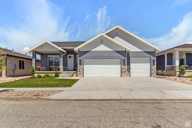 3222 W Harvard Dr, Mountain Green, UT 84050 - craftsman inspired home featuring an attached garage, a porch, concrete driveway, a front yard, and stone siding