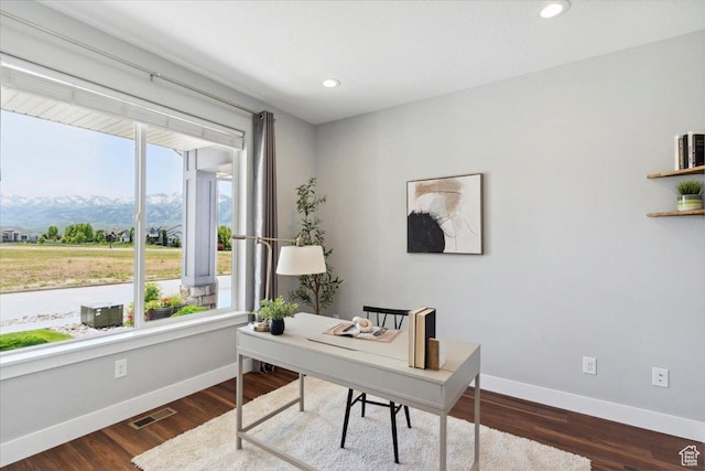3222 W Harvard Dr, Mountain Green, UT 84050 - home office featuring baseboards, recessed lighting, wood finished floors, and a mountain view