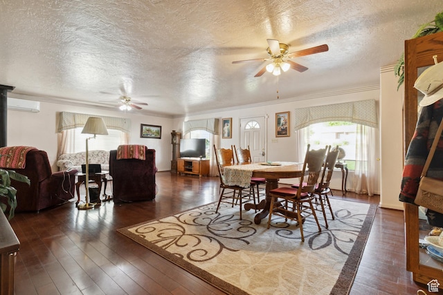1095 N 100 W, Pleasant Grove, UT 84062 - dining space with a ceiling fan, a textured ceiling, ornamental molding, hardwood / wood-style floors, and a wall unit AC