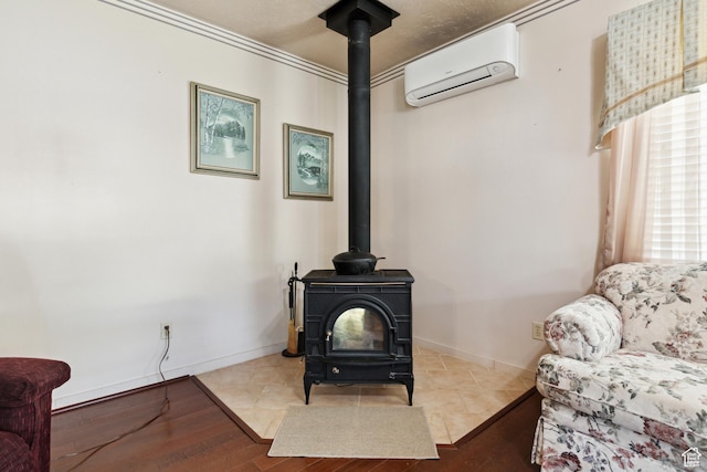 1095 N 100 W, Pleasant Grove, UT 84062 - detailed view of an AC wall unit, a wood stove, wood finished floors, and ornamental molding