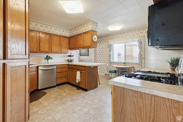 1095 N 100 W, Pleasant Grove, UT 84062 - kitchen featuring dishwasher, wallpapered walls, a peninsula, light countertops, and brown cabinets
