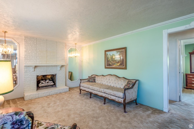 570 N Parkway Ave, Tooele, UT 84074 - living area featuring a chandelier, a textured ceiling, carpet, a brick fireplace, and crown molding