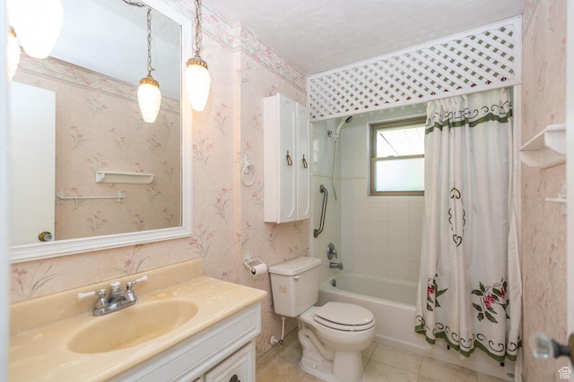 570 N Parkway Ave, Tooele, UT 84074 - bathroom with vanity, shower / tub combo, wallpapered walls, tile patterned flooring, and toilet