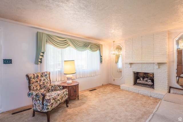 570 N Parkway Ave, Tooele, UT 84074 - carpeted living area with a textured ceiling, a chandelier, and a fireplace