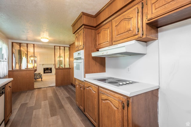 570 N Parkway Ave, Tooele, UT 84074 - kitchen with oven, under cabinet range hood, electric cooktop, a textured ceiling, and wood finished floors