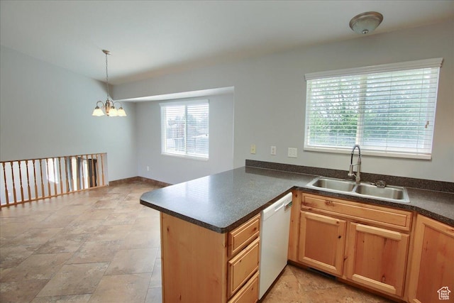 2086 S 50 E, Clearfield, UT 84015 - kitchen featuring dishwasher, a sink, a chandelier, dark countertops, and a peninsula
