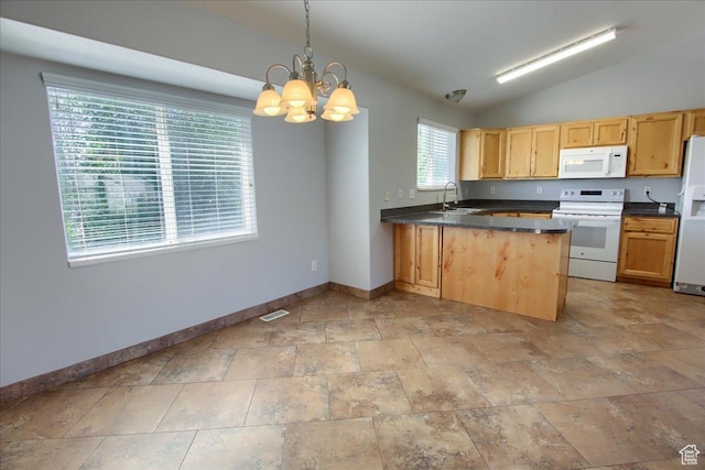 2086 S 50 E, Clearfield, UT 84015 - kitchen with white appliances, baseboards, dark countertops, a sink, and lofted ceiling