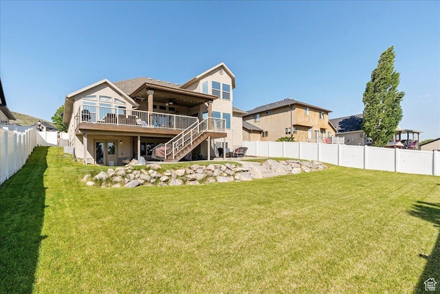 14263 S Morning Light Dr W, Herriman, UT 84065 - back of house with stairway, a wooden deck, and a ceiling fan