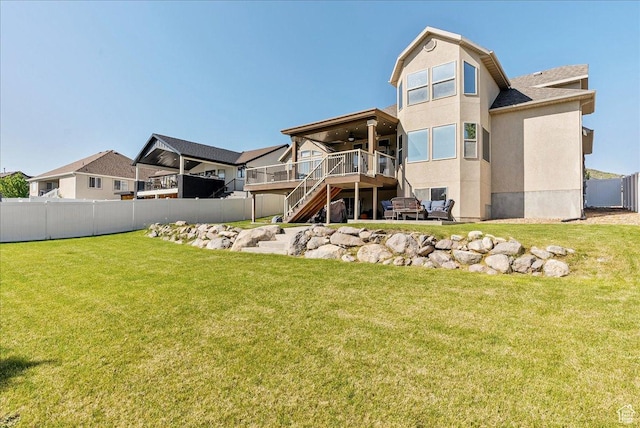 14263 S Morning Light Dr W, Herriman, UT 84065 - rear view of property featuring a ceiling fan, stairway, a deck, and stucco siding