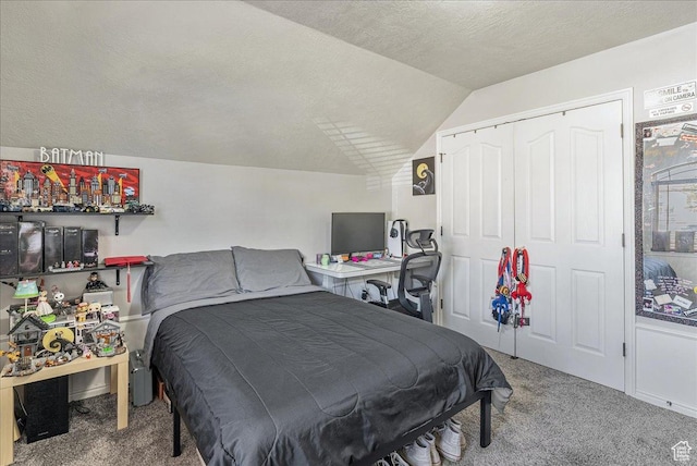 14263 S Morning Light Dr W, Herriman, UT 84065 - bedroom featuring carpet, lofted ceiling, a textured ceiling, and a closet