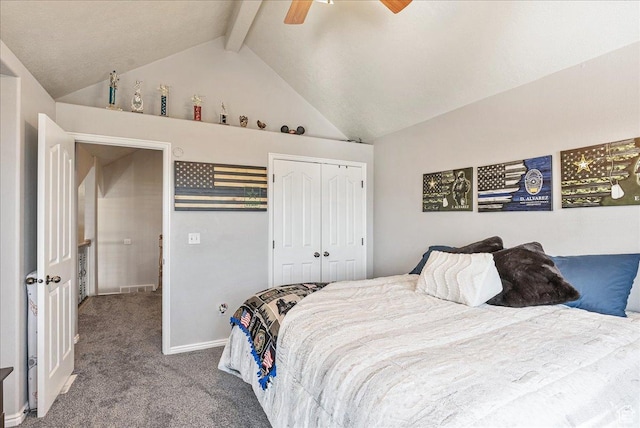 14263 S Morning Light Dr W, Herriman, UT 84065 - carpeted bedroom featuring a closet, beamed ceiling, high vaulted ceiling, a ceiling fan, and baseboards