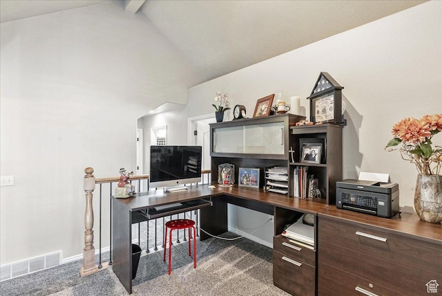 14263 S Morning Light Dr W, Herriman, UT 84065 - carpeted home office featuring beamed ceiling and high vaulted ceiling