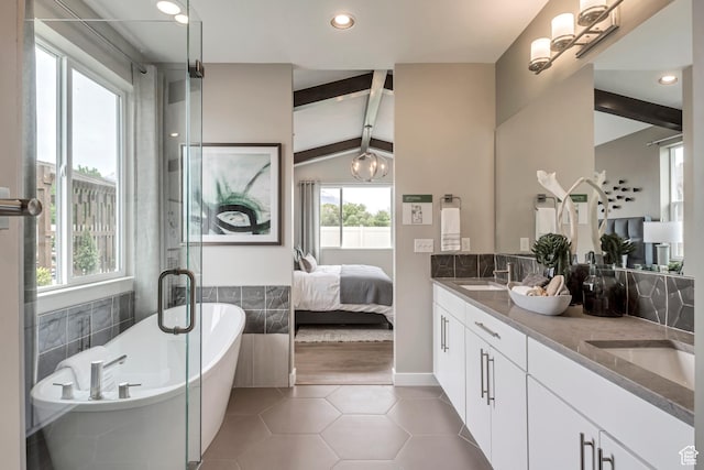 873 S 120 W Unit 003, American Fork, UT 84003 - bathroom featuring double vanity, tile patterned floors, a freestanding bath, ensuite bathroom, and recessed lighting
