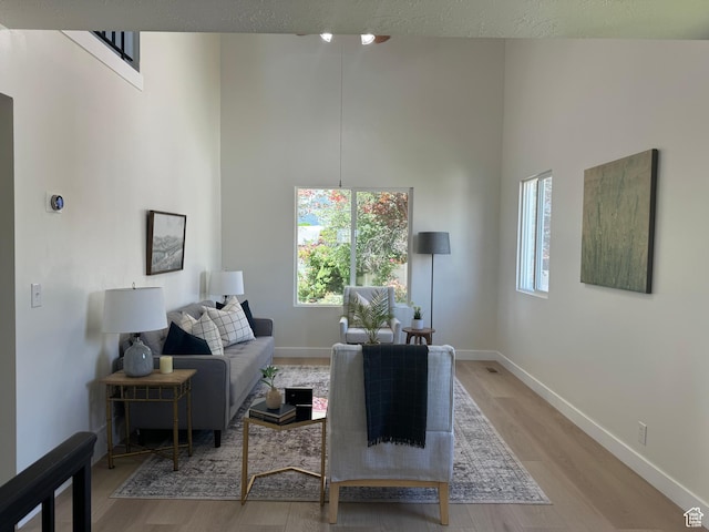 9152 S Cripple Creek Cir W, West Jordan, UT 84088 - living area with a high ceiling, wood finished floors, and baseboards