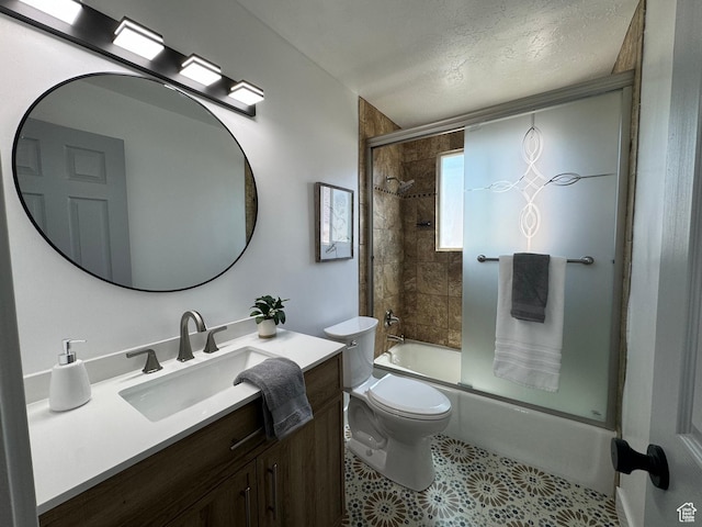 9152 S Cripple Creek Cir W, West Jordan, UT 84088 - bathroom with vanity, toilet, bath / shower combo with glass door, a textured ceiling, and tile patterned floors