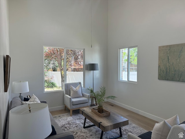 9152 S Cripple Creek Cir W, West Jordan, UT 84088 - living room with a high ceiling, baseboards, and wood finished floors