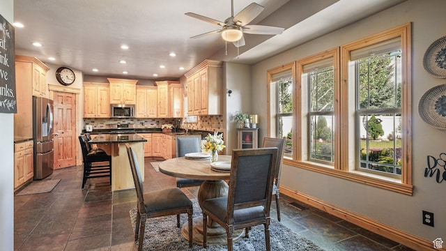 1988 Fieldstone Ln, Heber City, UT 84032 - dining space with stone tile flooring, baseboards, recessed lighting, and a ceiling fan