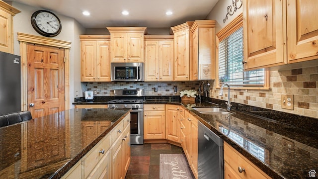 1988 Fieldstone Ln, Heber City, UT 84032 - kitchen with appliances with stainless steel finishes, a sink, light brown cabinetry, recessed lighting, and backsplash
