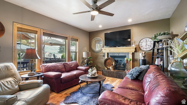 1988 Fieldstone Ln, Heber City, UT 84032 - living room with a ceiling fan, wood finished floors, a tile fireplace, and recessed lighting