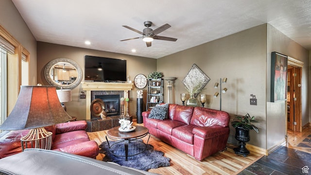1988 Fieldstone Ln, Heber City, UT 84032 - living room featuring ceiling fan, baseboards, a tile fireplace, recessed lighting, and stone finish floors