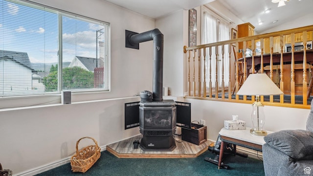 677 E 110 N, Heber City, UT 84032 - detailed view of a wood stove, carpet floors, and baseboards