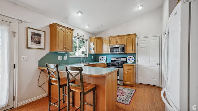 677 E 110 N, Heber City, UT 84032 - kitchen featuring stainless steel appliances, a sink, a kitchen bar, a peninsula, and light wood-style floors