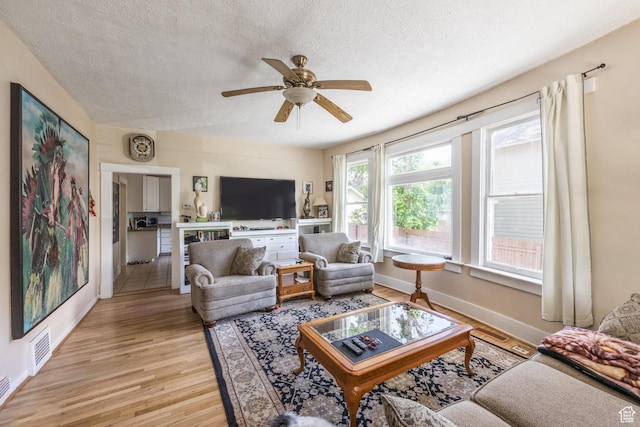2269 S Green St Unit 1-4, Salt Lake City, UT 84106 - living room with a textured ceiling, light wood finished floors, a ceiling fan, and baseboards