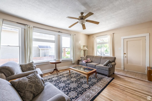 2269 S Green St Unit 1-4, Salt Lake City, UT 84106 - living room with a textured ceiling, a ceiling fan, light wood-style floors, and baseboards