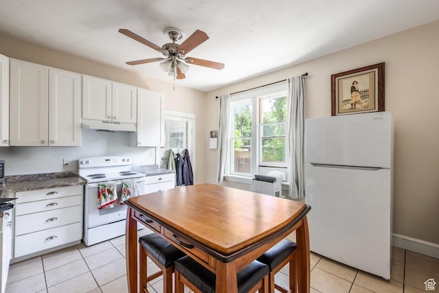 2269 S Green St Unit 1-4, Salt Lake City, UT 84106 - kitchen featuring white appliances, under cabinet range hood, white cabinetry, a ceiling fan, and light tile patterned flooring