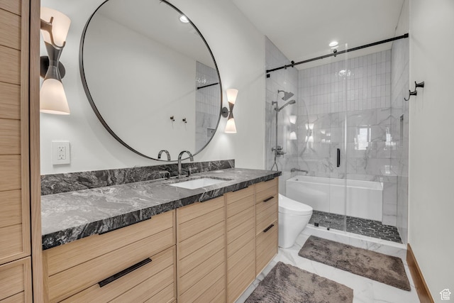 1735 Red Hawk Trl, Park City, UT 84098 - bathroom featuring vanity, a shower stall, toilet, marble finish floors, and recessed lighting