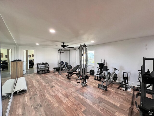505 W 300 N, Orangeville, UT 84537 - exercise room featuring recessed lighting, wood finished floors, baseboards, and a ceiling fan
