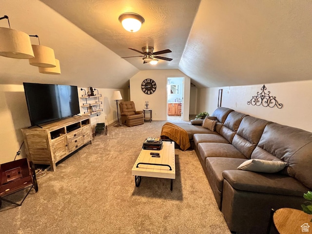 505 W 300 N, Orangeville, UT 84537 - carpeted living area featuring a ceiling fan, vaulted ceiling, and a textured ceiling