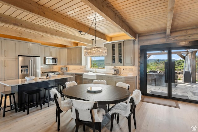 6380 N Silver Sage Dr, Park City, UT 84098 - dining area featuring light wood-type flooring, wooden ceiling with exposed beams, a chandelier, and french doors