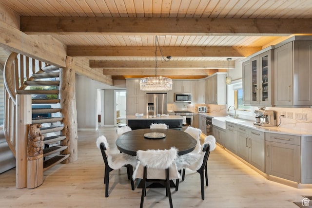 6380 N Silver Sage Dr, Park City, UT 84098 - dining area with wooden ceiling with exposed beams, light wood-style flooring, stairs, and a chandelier